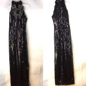 VTG Dave & Johnny Black sequin silver beads halter sheath holiday party formal